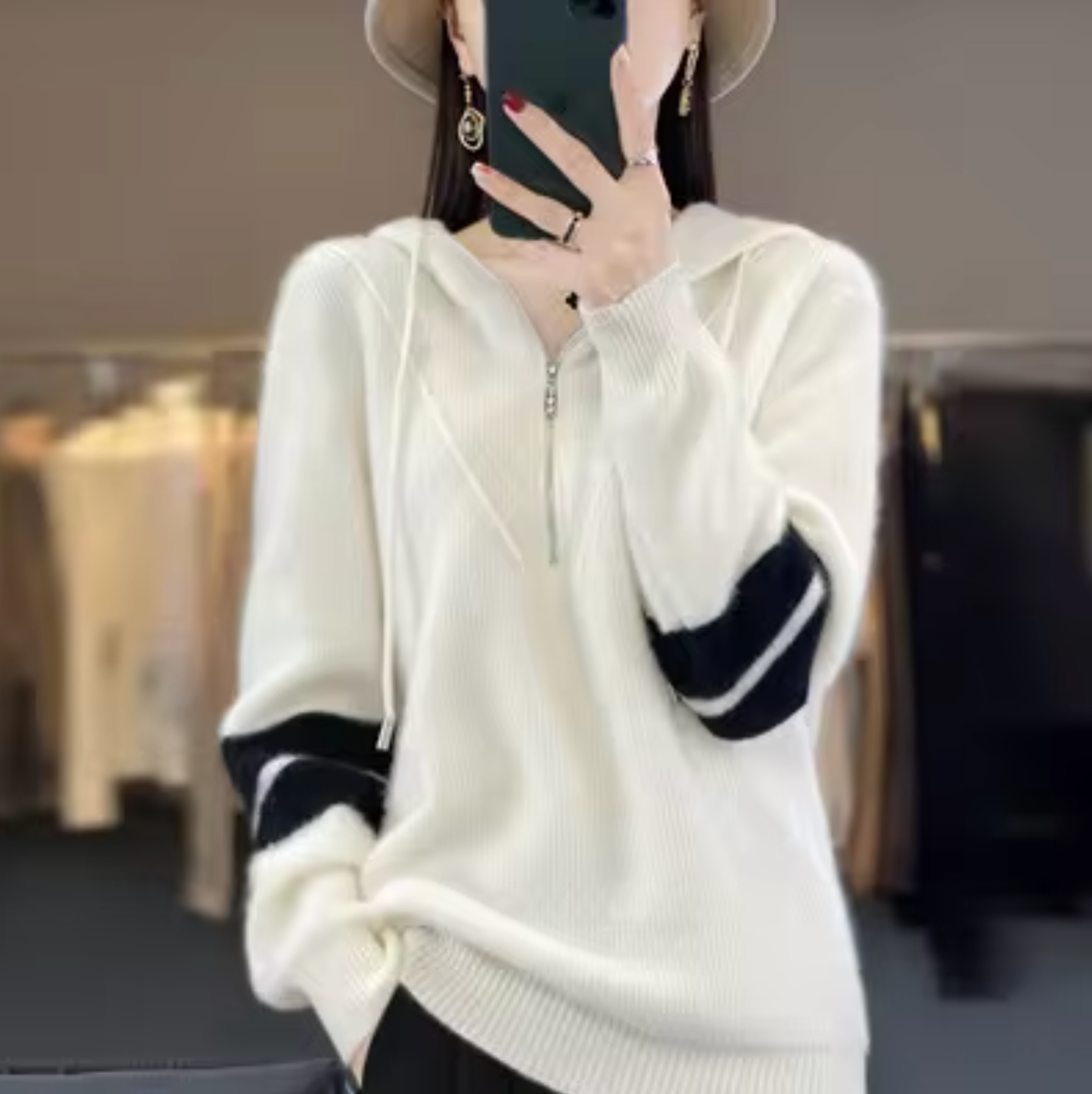 Kvinnors Hoodie Avslappnad Ull och Kashmir-6