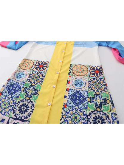 Dam Långärmad Klänning Abstrakt Blommönster Polyester Midi Långklänning Fest-5