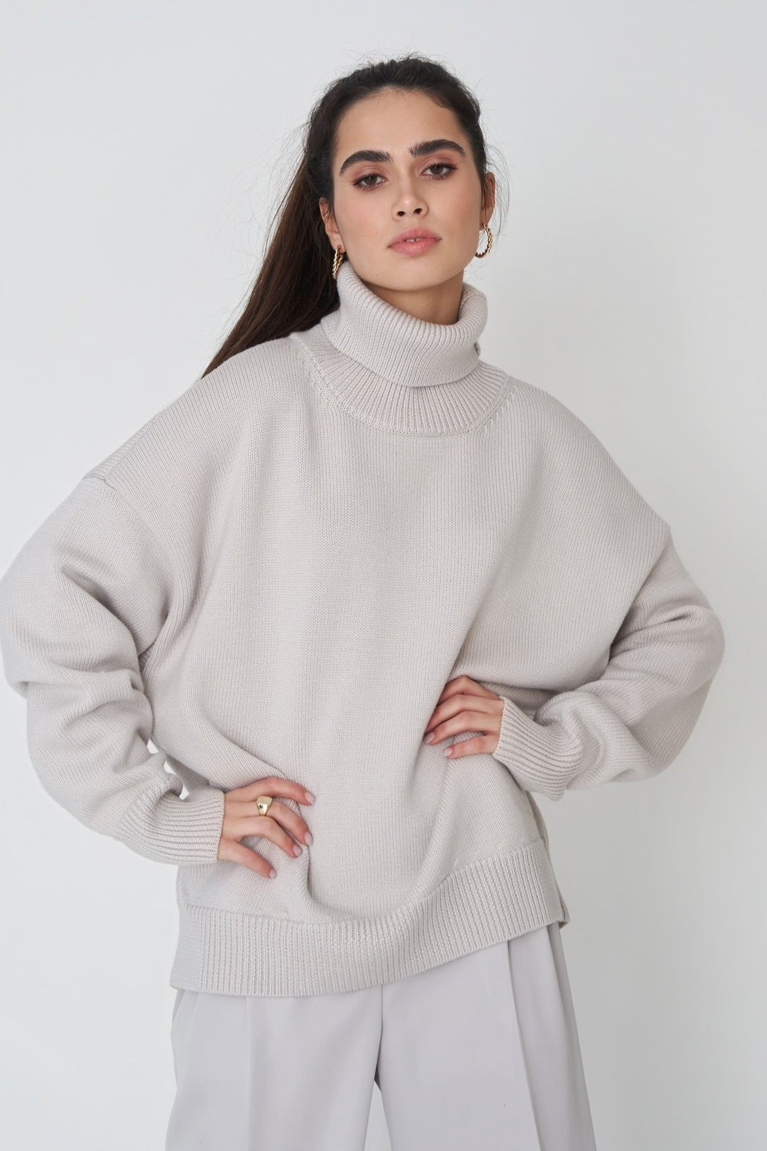 Dam Stickad Turtleneck Tröja Löst Passform Vinter-5