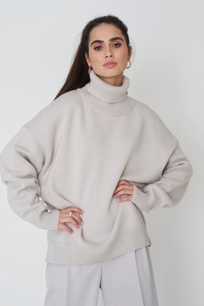 Dam Stickad Turtleneck Tröja Löst Passform Vinter-5