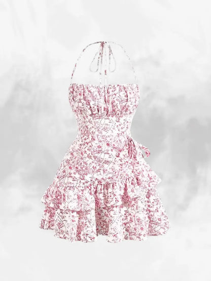 Variant image for Kvinnors Miniklänning Halterneck Blommönster Lätt Tyg-7