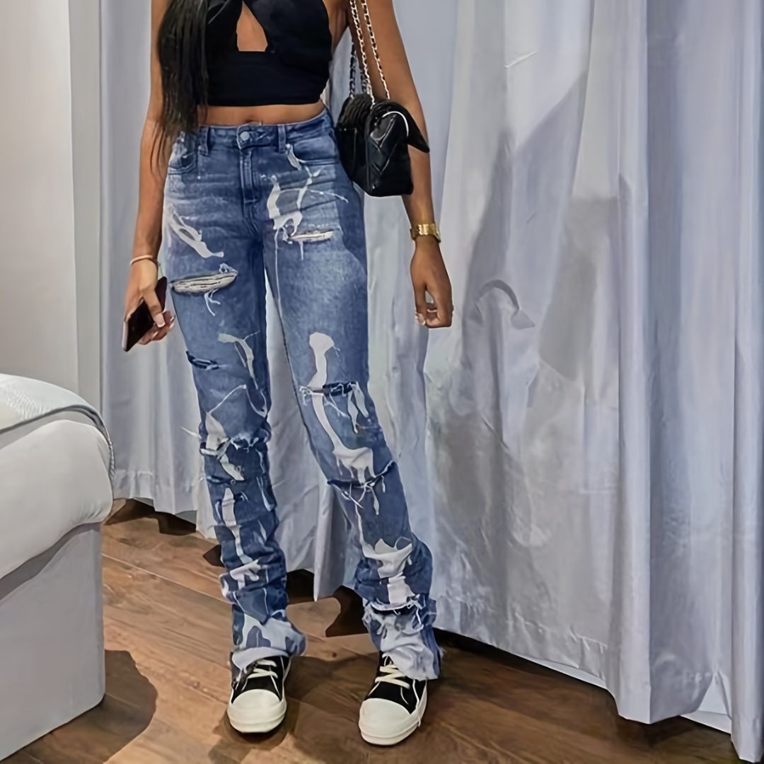 Dam Jeans Hög Midja Sliten Denim Snäv Passform-1