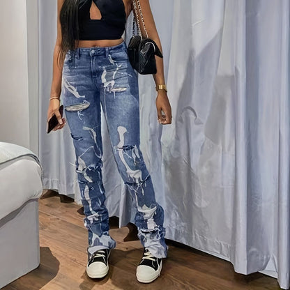 Dam Jeans Hög Midja Sliten Denim Snäv Passform-1