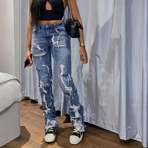 Dam Jeans Hög Midja Sliten Denim Snäv Passform-1