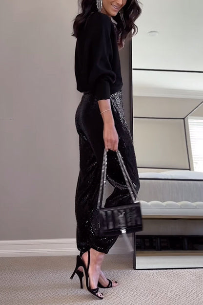 Joggingbyxor Dam Hög Midja Glittrande Paljetter Bomull Polyester-5