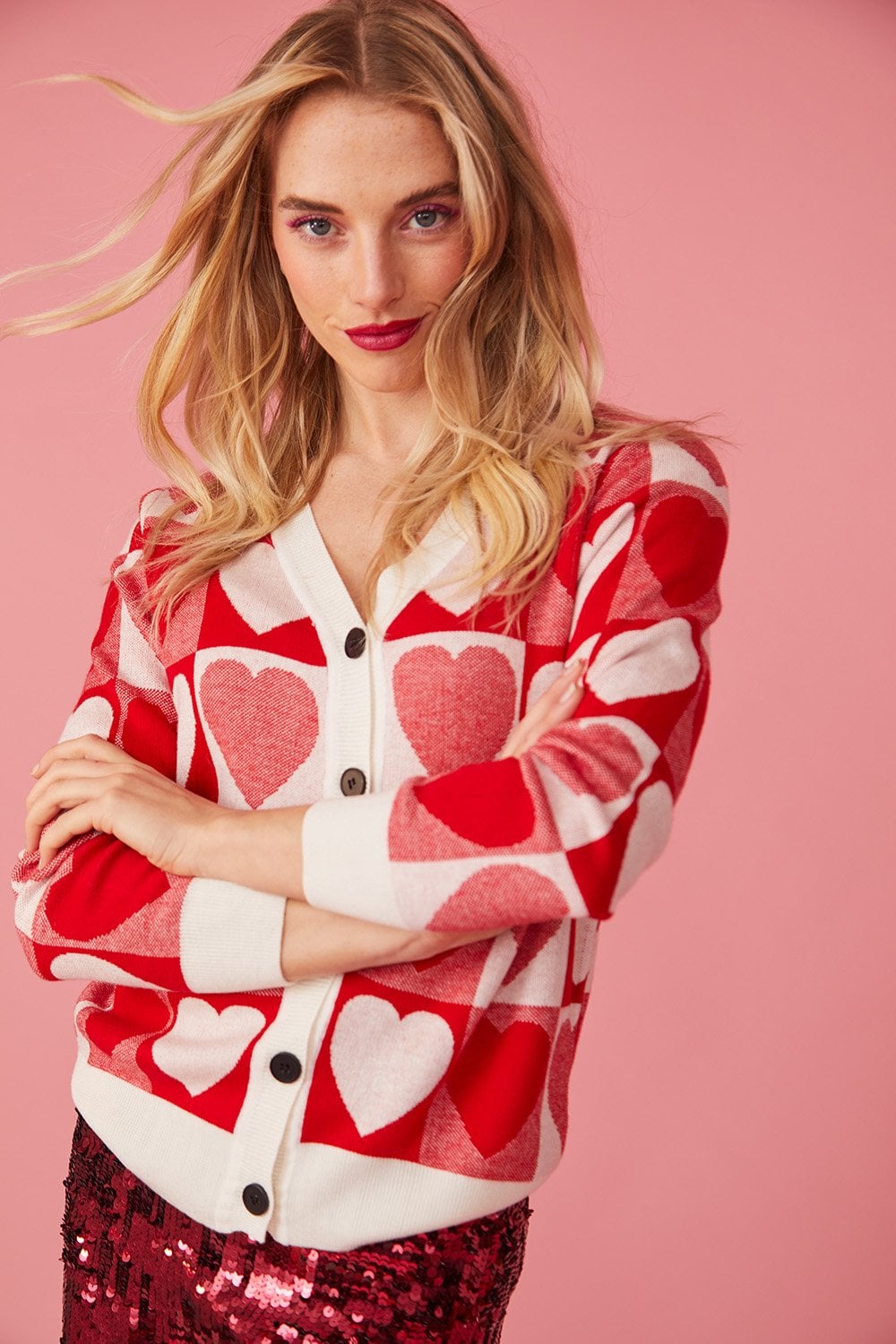 Dam Tröja Stickad Rutig Hjärtmönster Polyester-1