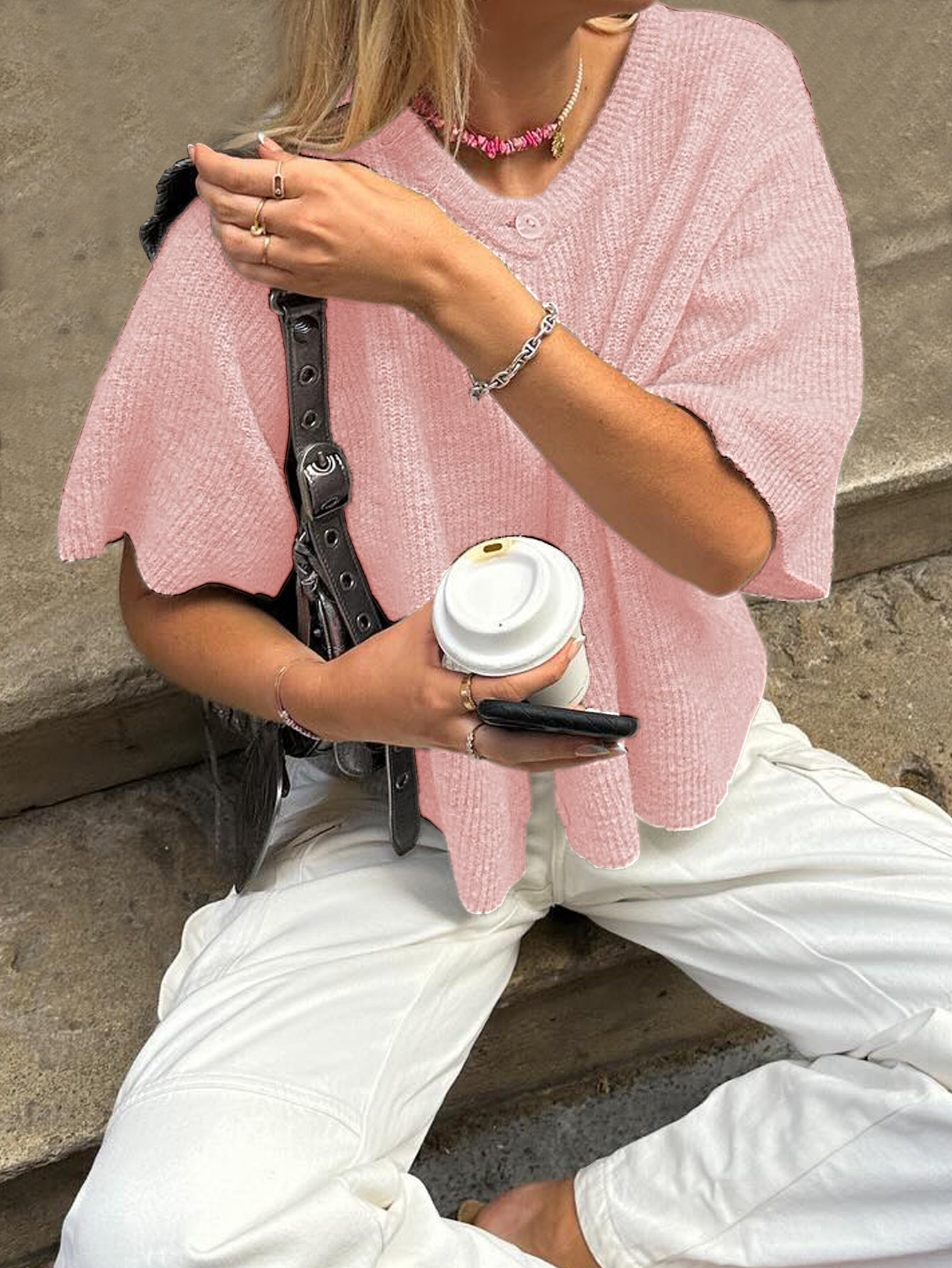 Kortärmad Stickad Tröja Dam Flerfärgad Akryl Nylon Polyester 2