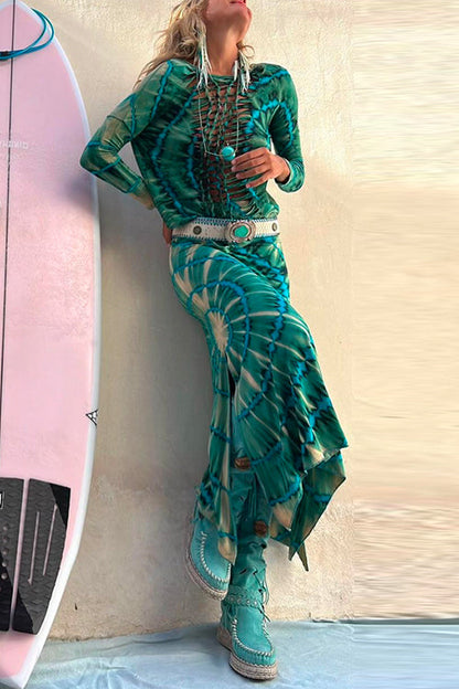 Dam Festtopp Långärmad Snörning Batik Bomull Polyester-3