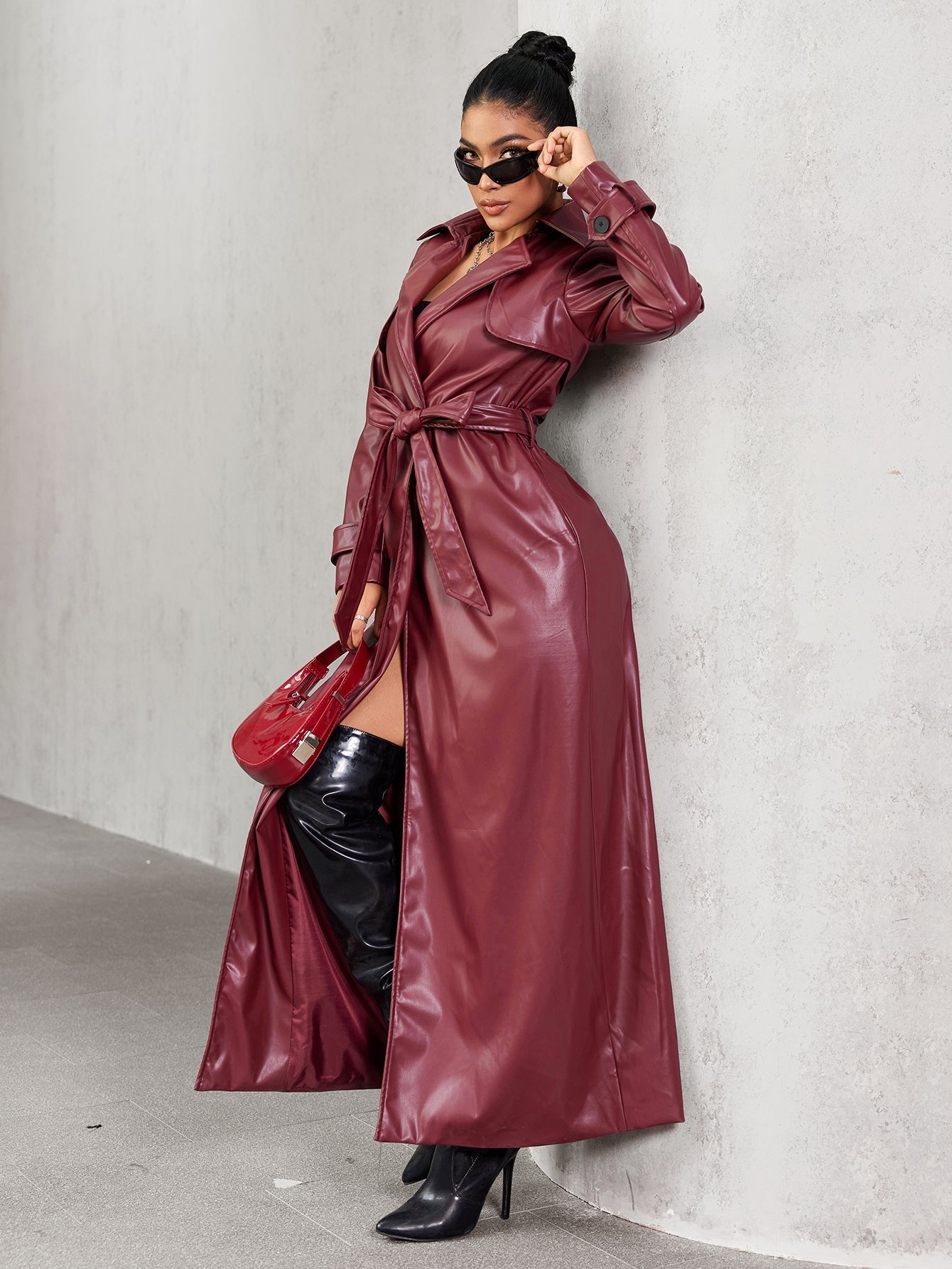 Dam Trenchcoat Lång Öppen Front PU Läder-5