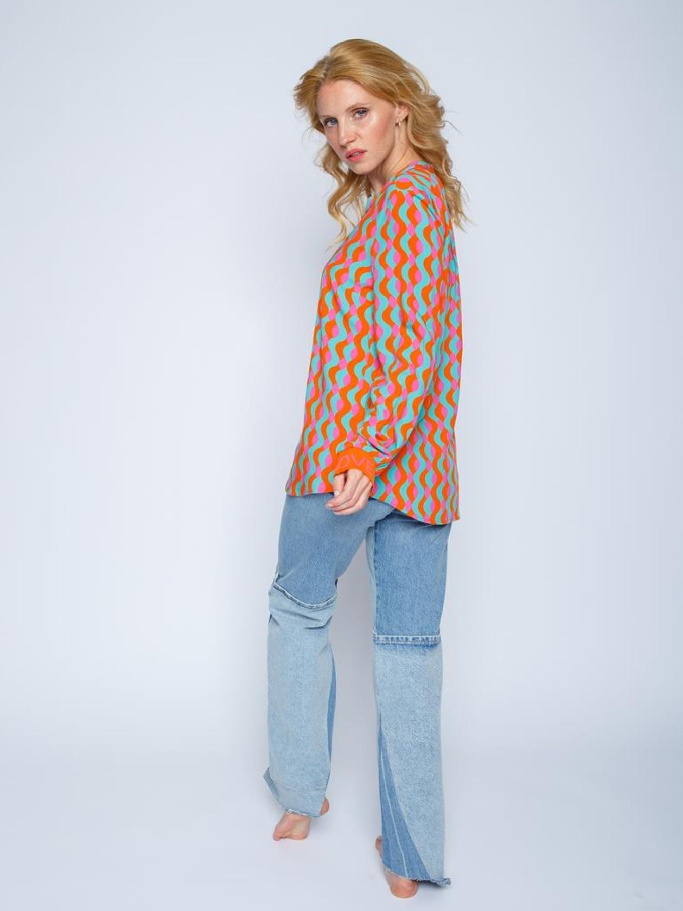 Dam Blus V-ringad Retro Vågmönster 100% Bomull-4