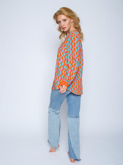 Dam Blus V-ringad Retro Vågmönster 100% Bomull-4