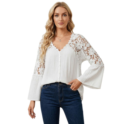 Dam Blus Vintage Spetsdesign Bomull Polyester