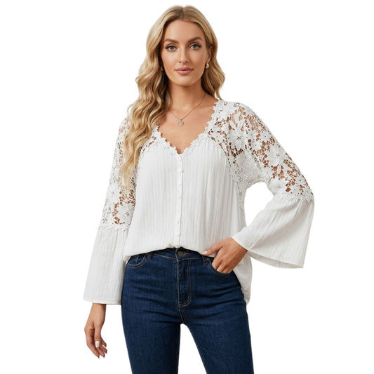 Dam Blus Vintage Spetsdesign Bomull Polyester