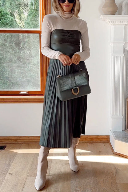 Dam Klänning Midi Axelbandslös Syntetiskt Läder Fina Dam Klänningar-5