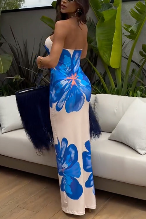 Dam Maxiklänning Blommönster Figurnära Bomull Polyester-2