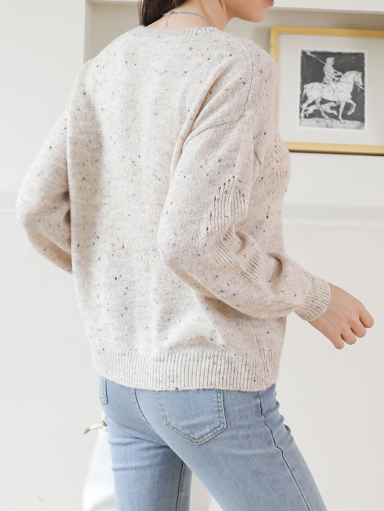 Dam Pullover Retro Design Mjuk Tygblandning-5