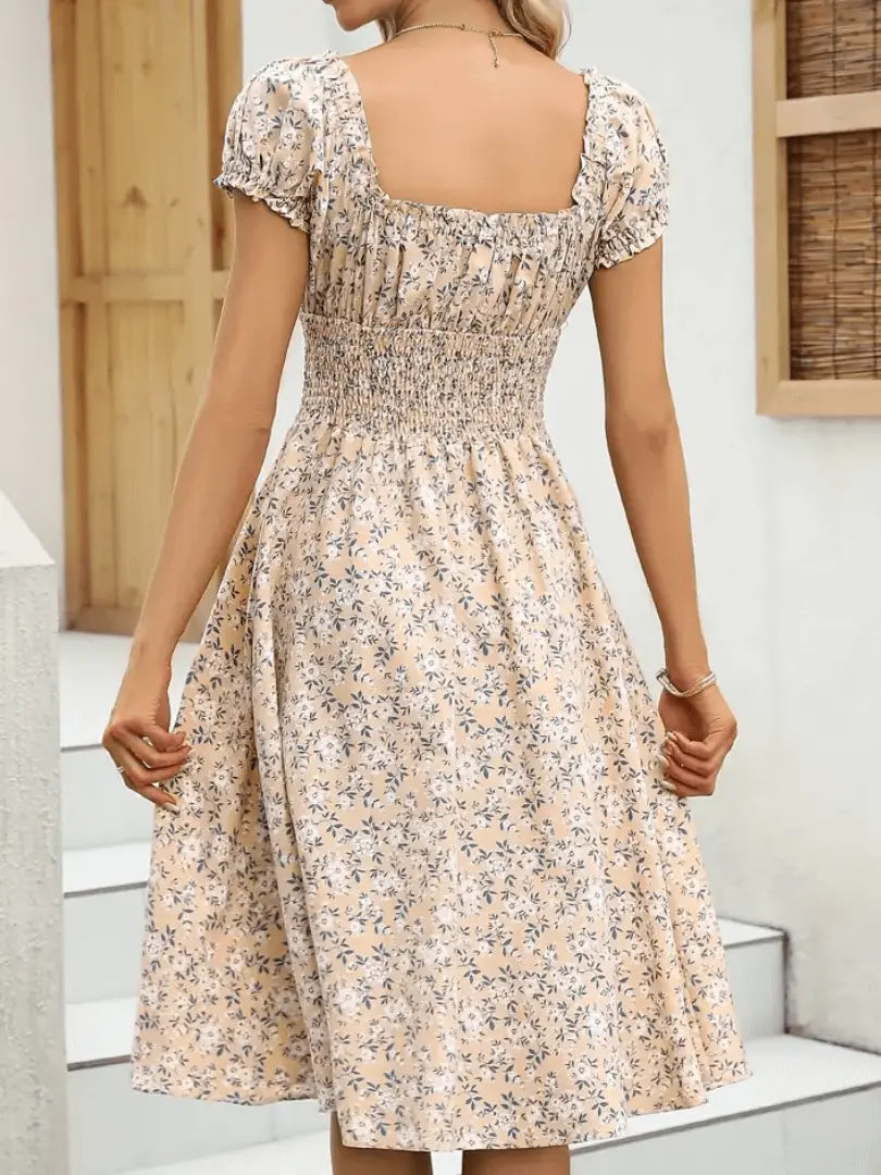 Dam Blommig Klänning V-ringning Rufsad Midja Polyester-2