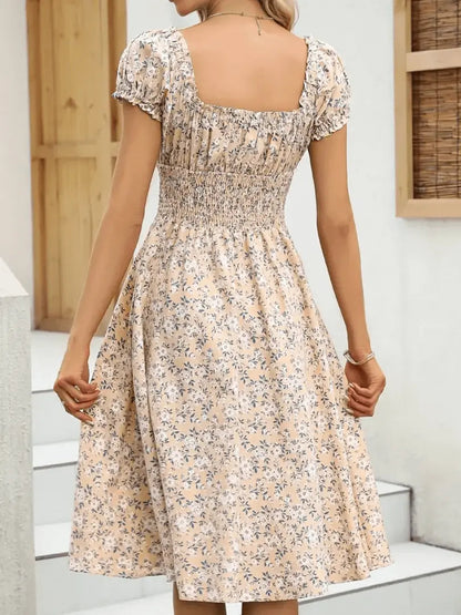 Dam Blommig Klänning V-ringning Rufsad Midja Polyester-2