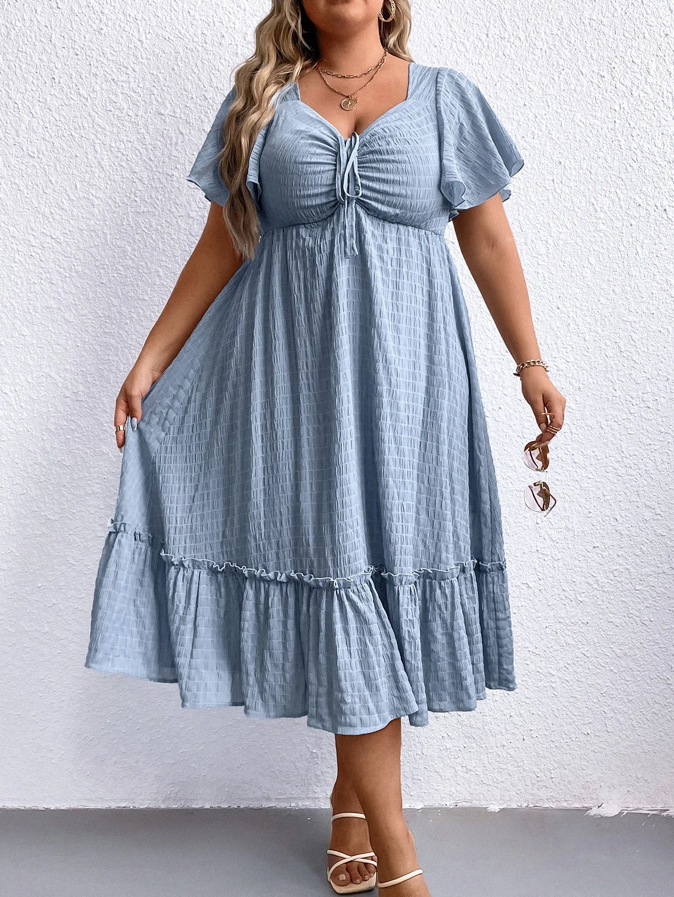 Damklänning Sommarklänning med Hjärtformad Halsringning och Vingärmar i Polyester-1