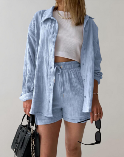 Dam Nattkläder Set med Krage och Shorts i Gasväv-2