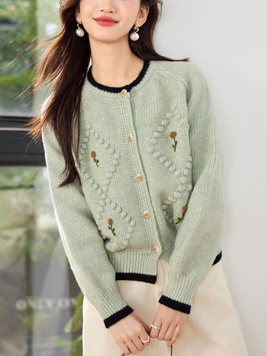 Dam Cardigan Blommabroderi Mjukt Material-2