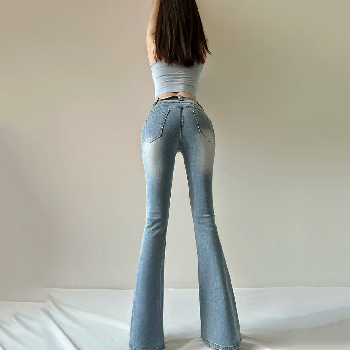 Dam Jeans Hög Midja Casual Schlagjeans i Mjuk Bomull-6