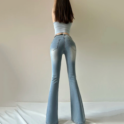 Dam Jeans Hög Midja Casual Schlagjeans i Mjuk Bomull-6