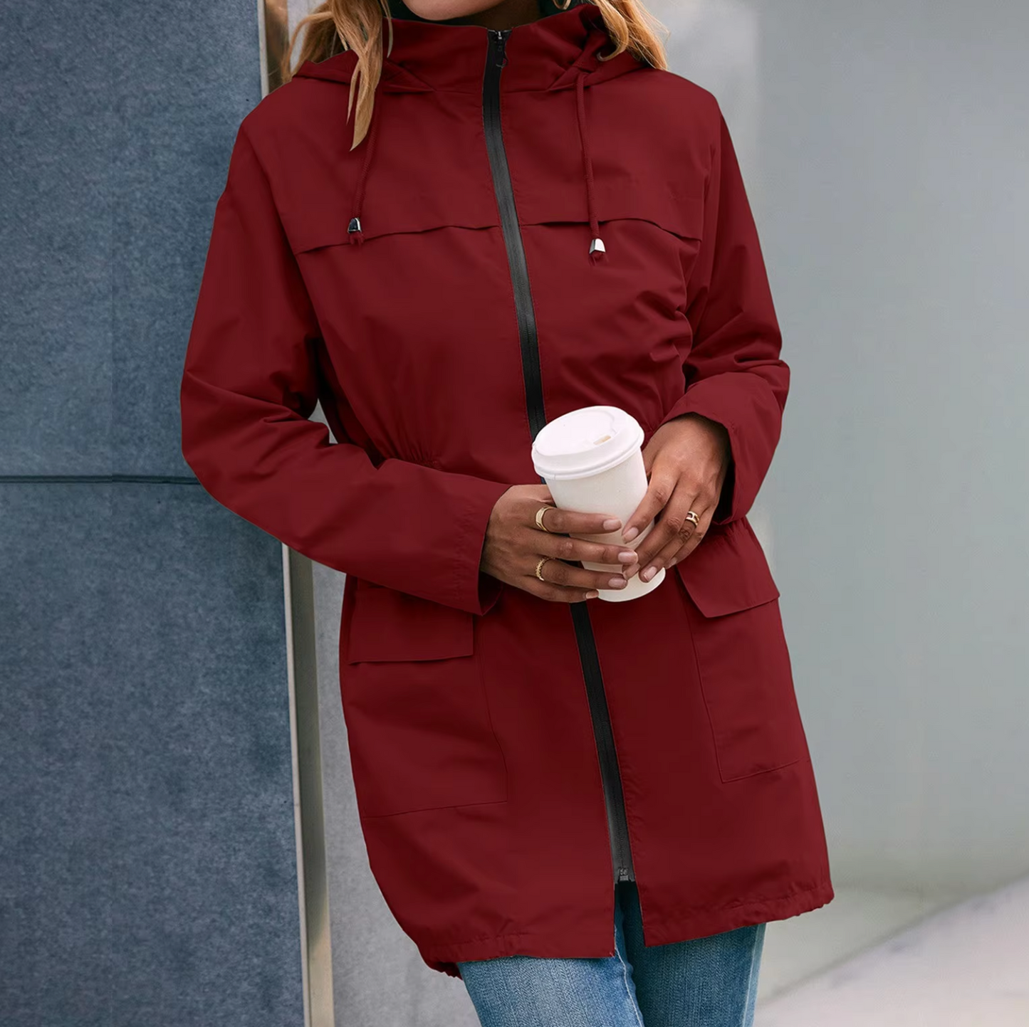 Damjacka Casual Halvlång med Huva Polyester för Utomhusaktiviteter-3