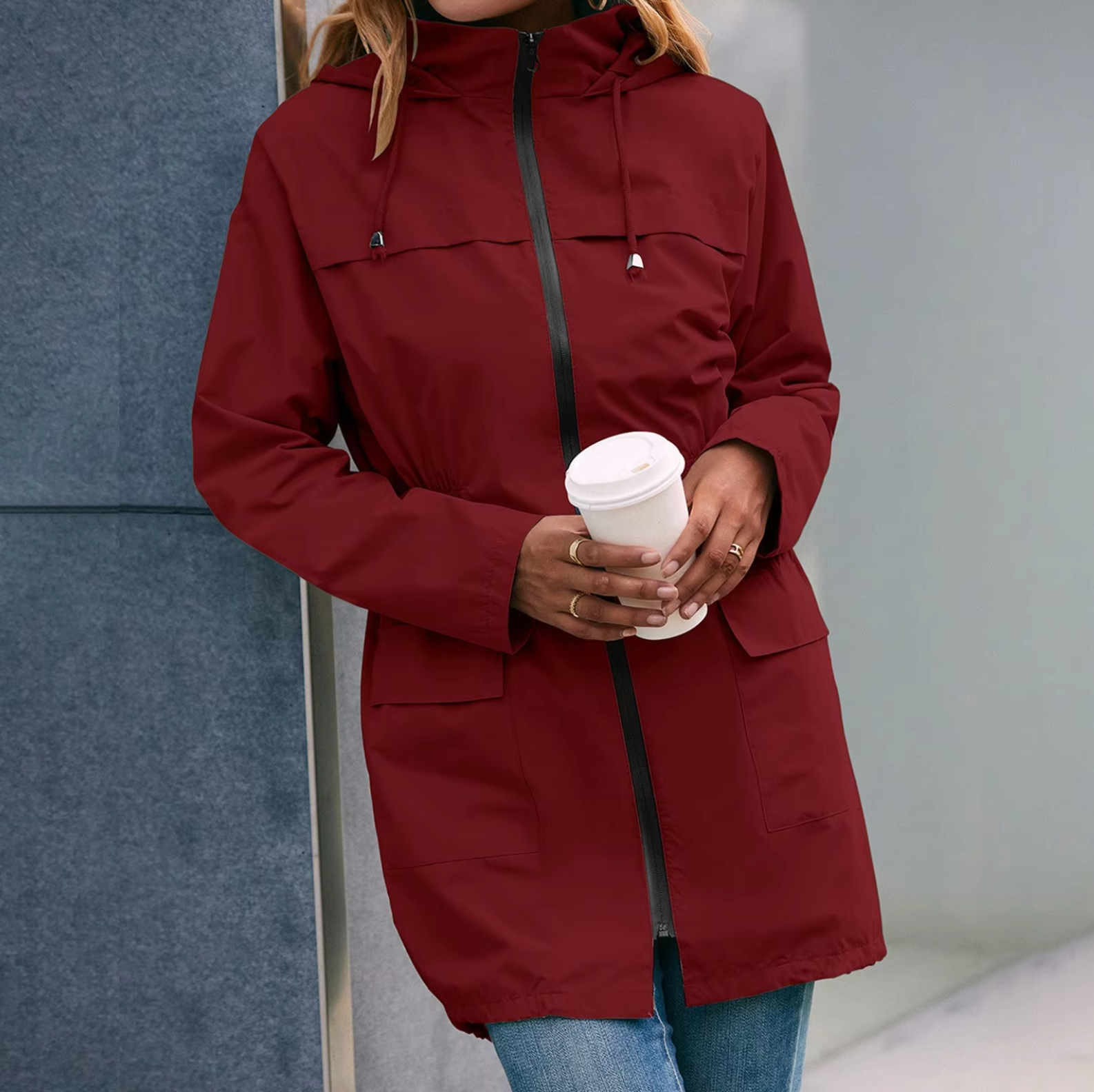 Damjacka Casual Halvlång med Huva Polyester för Utomhusaktiviteter-3