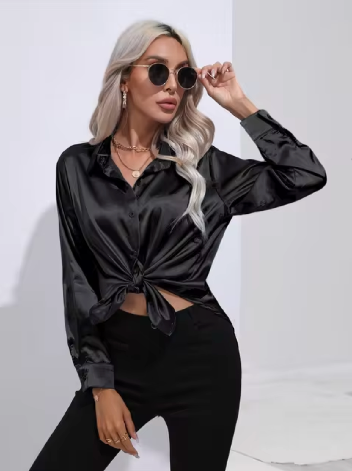 Dam Blus Långärmad Satin Elegant V-Ringning-6