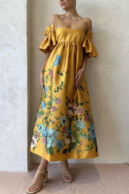 Maxiklänning Dam Blommig Kall Axel Rufsad Bomull Polyester-4