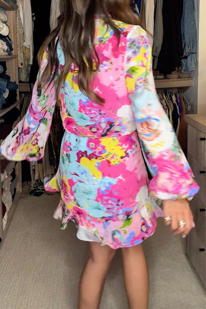 Kvinnors Mini Klänning V-ringning Ruffles Bomull Polyester-6