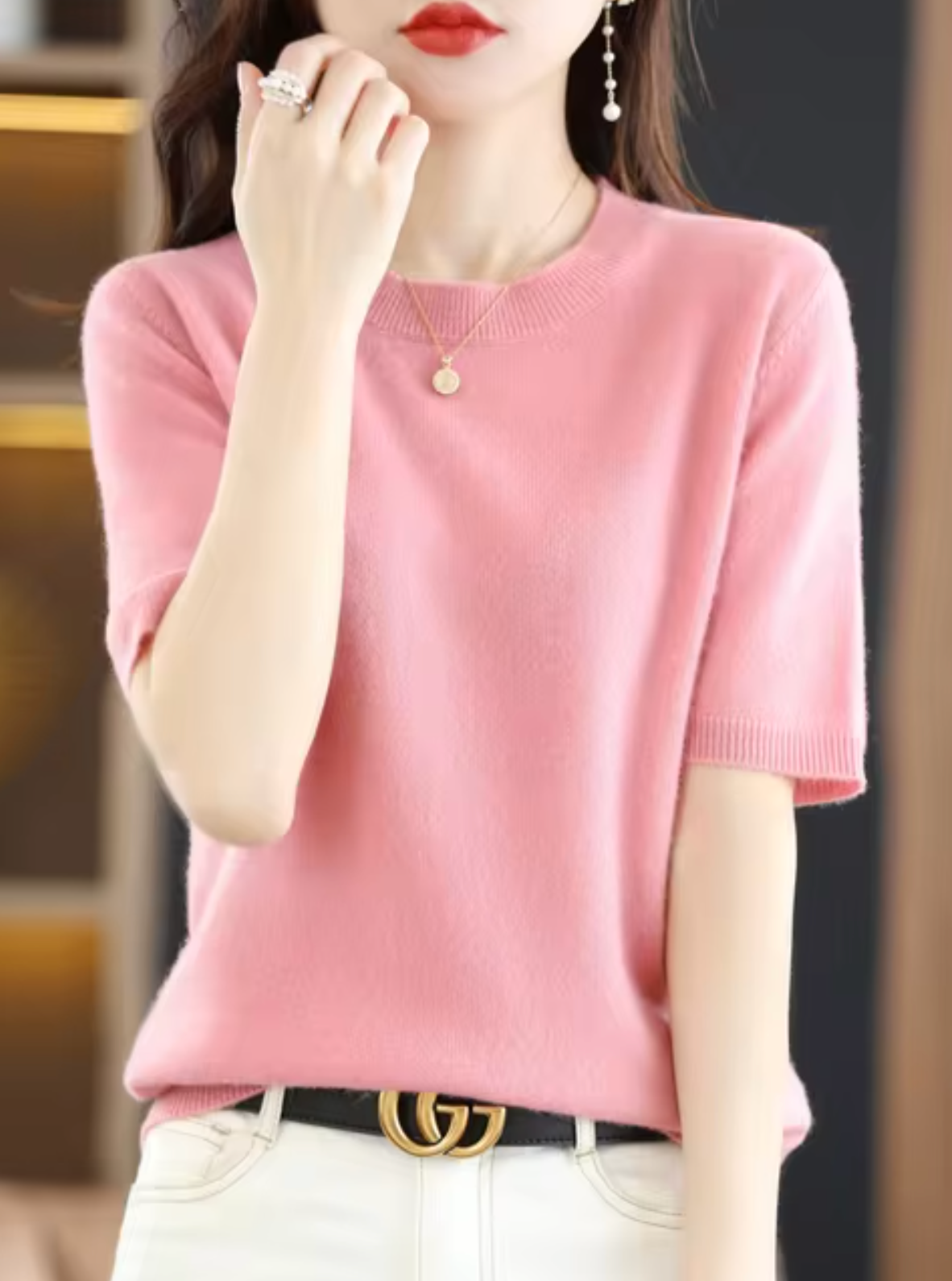 Dam Kortärmad Stickad Tröja i Ull och Kashmir, Tidlös Cirkulär Halsringning, Smal Passform-6