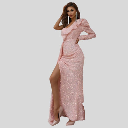 Maxiklänning Dam Glittrande Design Långt Snitt Högkvalitativt Material-3