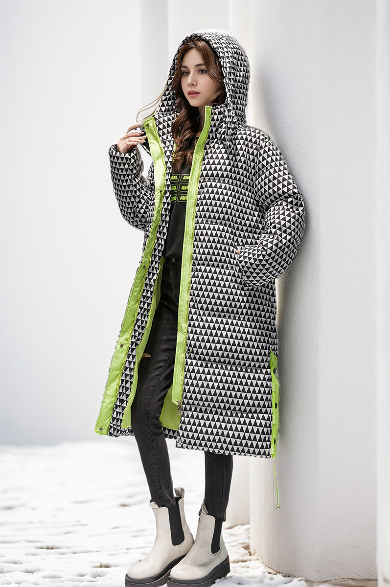 Dam Rutig Bomullsrock Med Huva Quiltad Över Knälängd-5