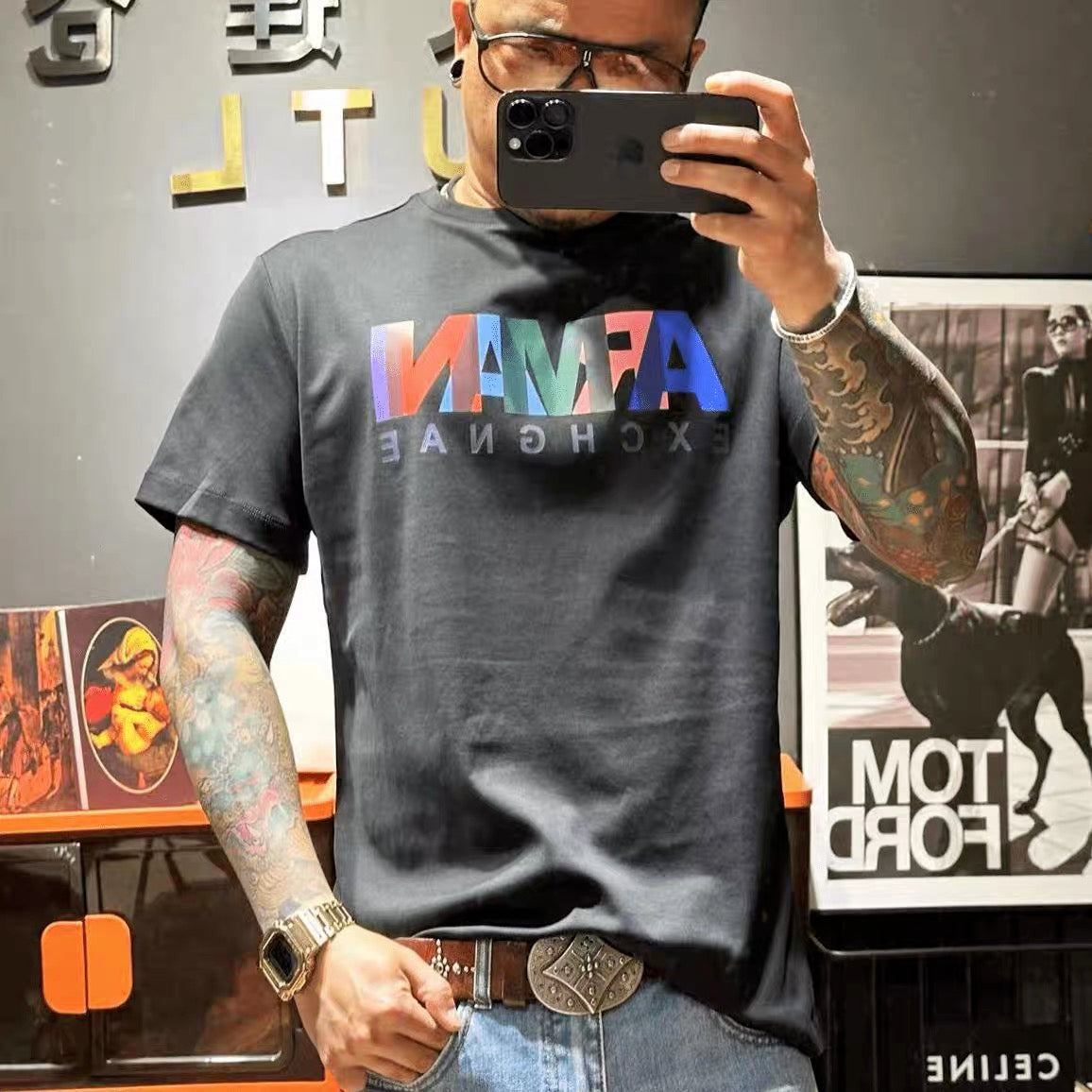 Dam T-shirt Rund Hals Bomull med Tryck för Träning och Avkoppling-3