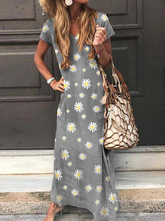 Maxiklänning Dam V-ringning Blommönster 100% Polyester Lång Klänning Sommar-1