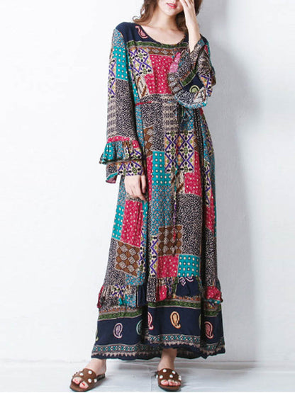 Maxiklänning Dam Boho Patchwork Design 100% Bomull Korta Ärmar 5