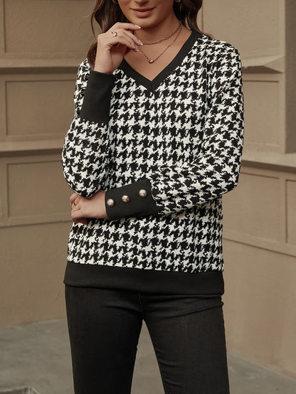 Kvinnors Långärmad Tröja V-ringning Mönstrad Mjuk Stickad Väv 5