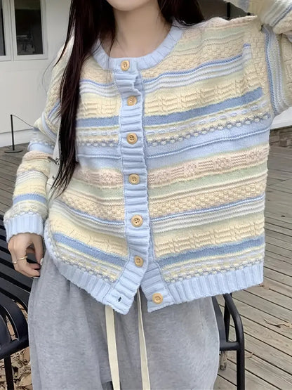 Dam Kofta Randig Stickad med Knappstängning Mjuk och Andningsbar-4