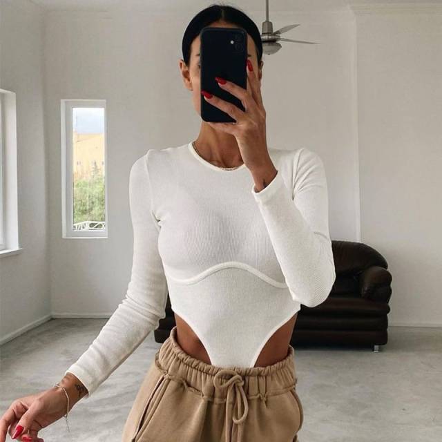 Dam Bodysuit Långärmad V-hals Monokrom Polyester och Bomull 8
