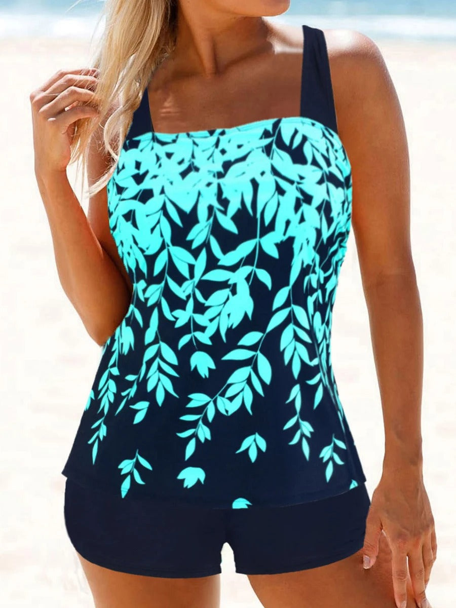 Dam Tankini Hög Midja Bladmönster Nylon Spandex-6