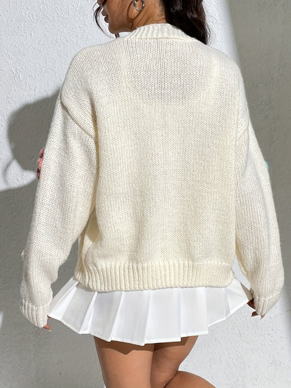 Kvinna Lång Kofta Blommönster Ullstickad 2