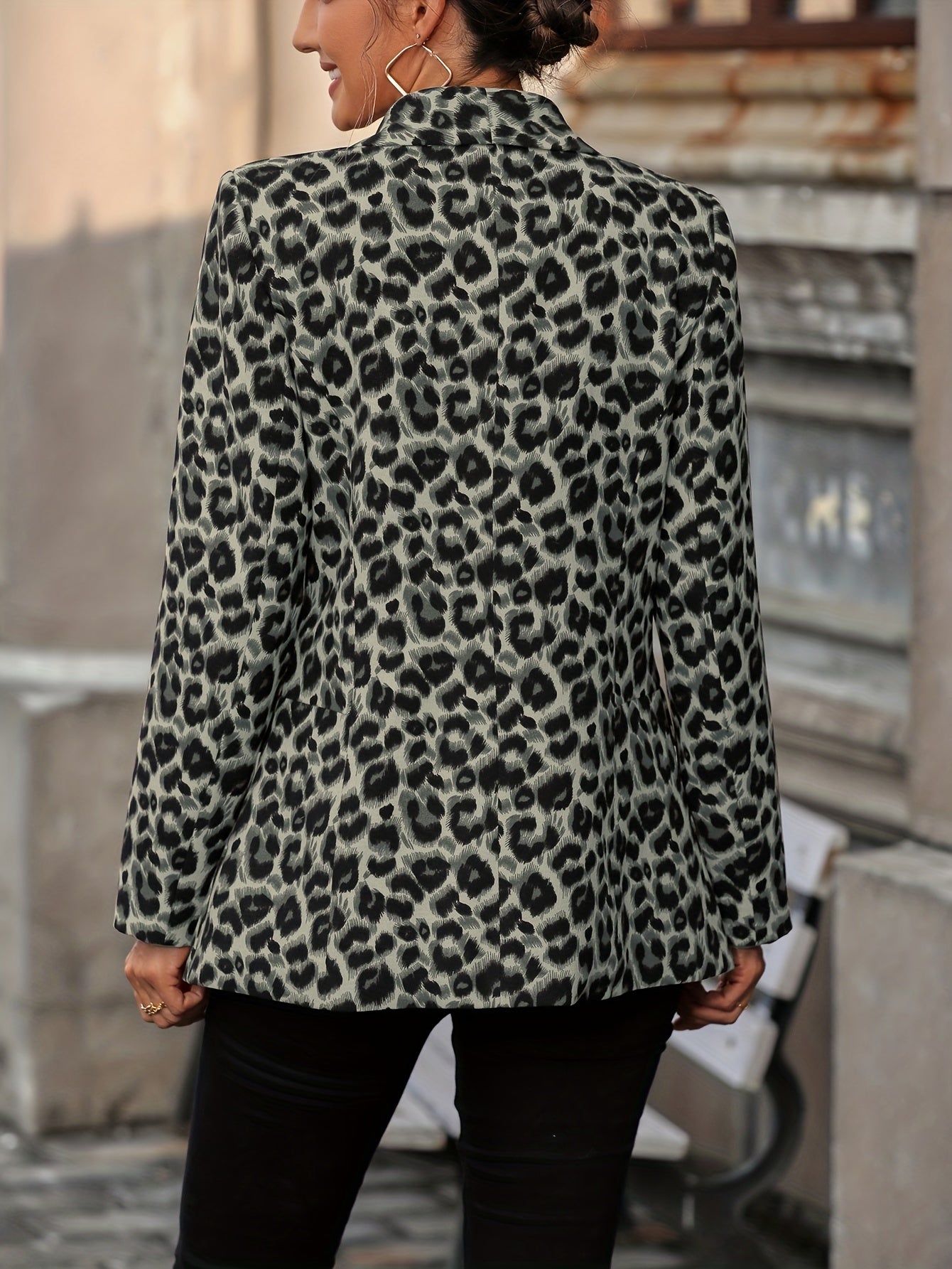 Dam Blazer Lång Leopardmönster Affärslook Kvalitativt Tyg-4