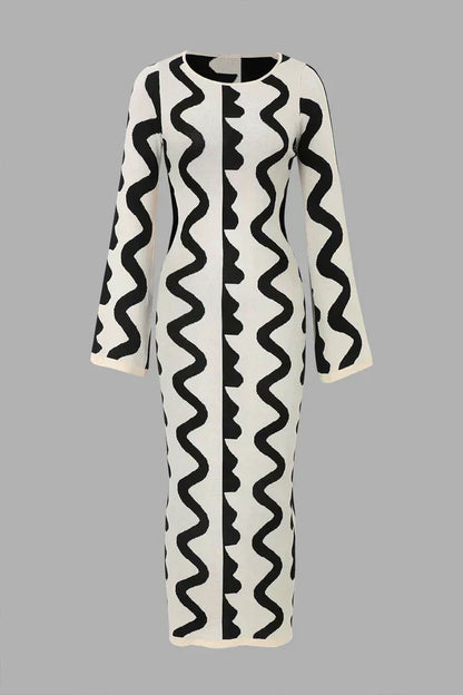 Dam Stickad Klänning med Vågmönster i Luftigt Material-1