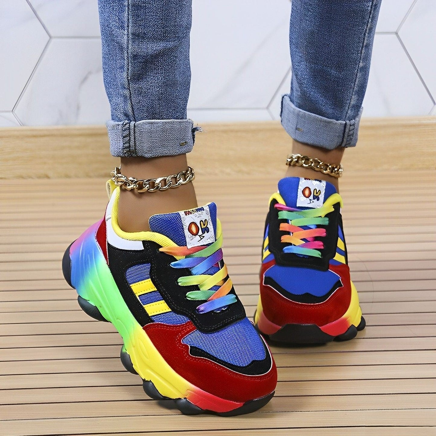 Kvinnors Chunky Sneakers Flerfärgad Läder Plattform-1