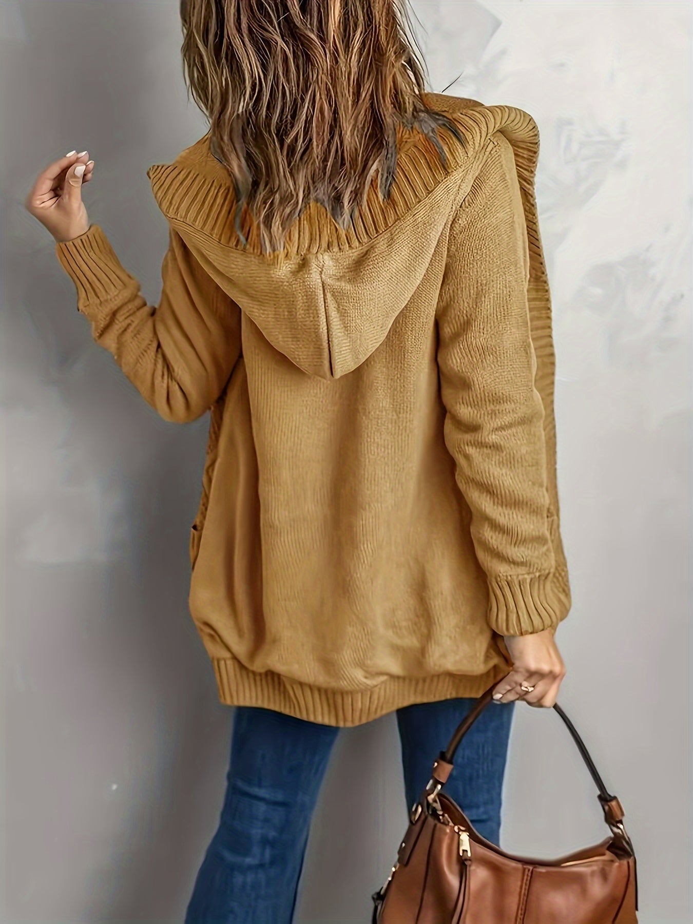 Dam Fleece Cardigan Stickad Design med Huva-4