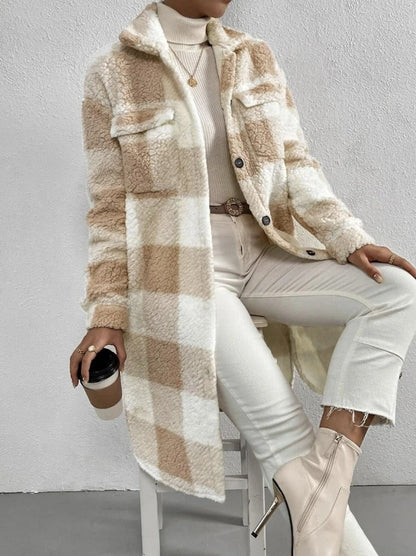 Lång Vinterrock Dam Björnpäls Elegant Knappstängning Långärmad-5