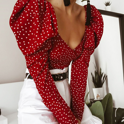 Dam Blus med Prickar och Puffärmar Polyester V-hals Långa Ärmar-5