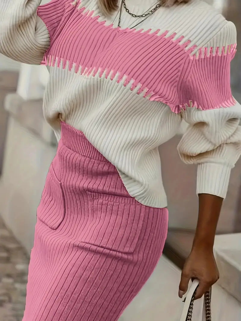 Kvinna Stickad Tröja med Långa Ärmar och Figur-kramande Midi Kjol-4